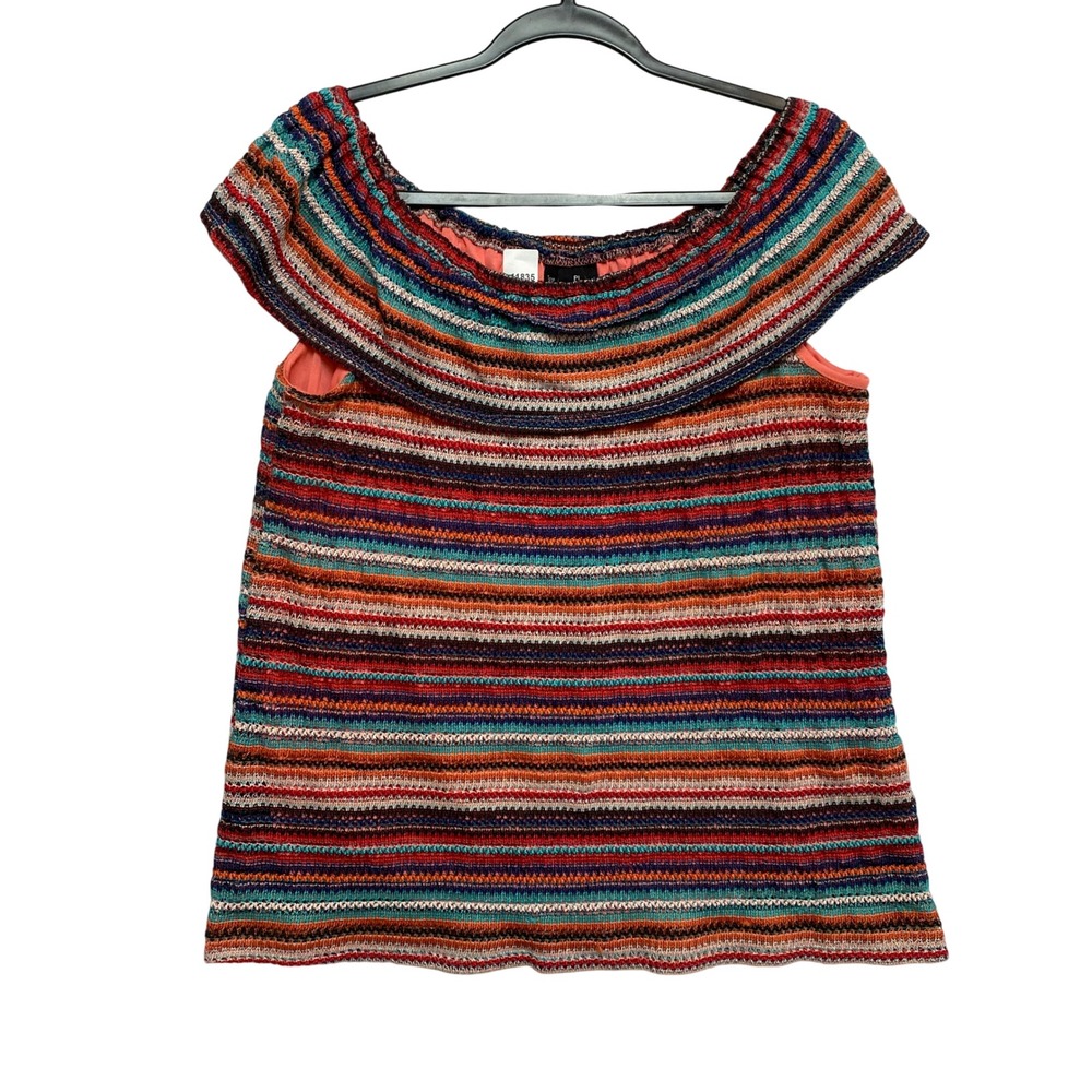 New Directions Top Womens PL Multicolor Off-the-Shoulder Knit Blouse Boho